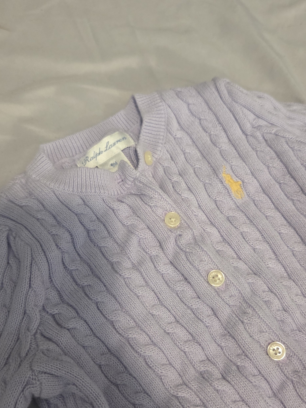 Ralph Lauren Lilac Cable-Knit Cardigan with Yellow Pony Embroidery